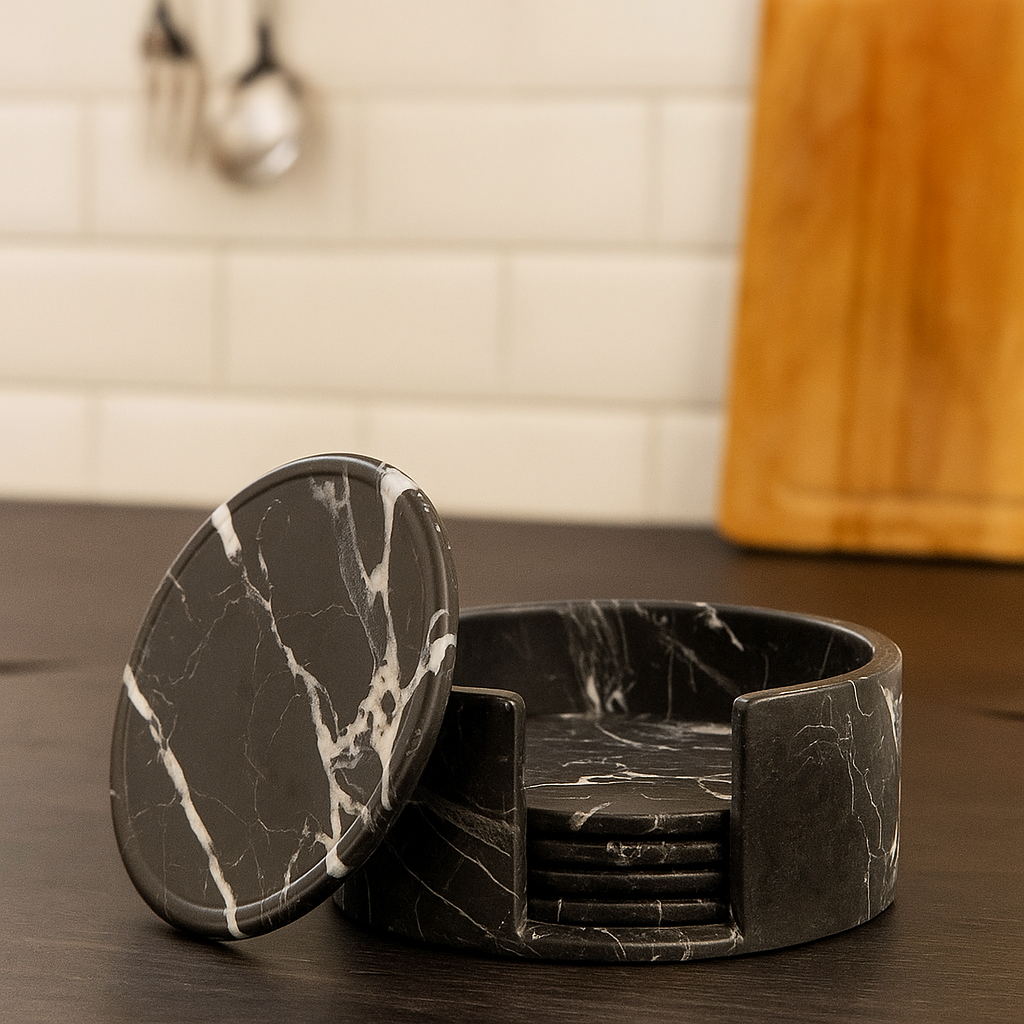 Black Forest Marble Handcrafted Coasters | Round | Set of 6